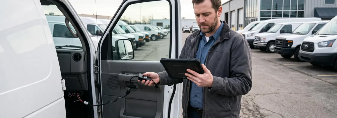 A fleet coordinator connects a telematics device to a van in a commercial depot while checking data on a rugged tablet.