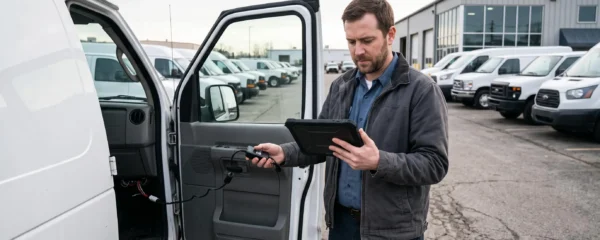 A fleet coordinator connects a telematics device to a van in a commercial depot while checking data on a rugged tablet.