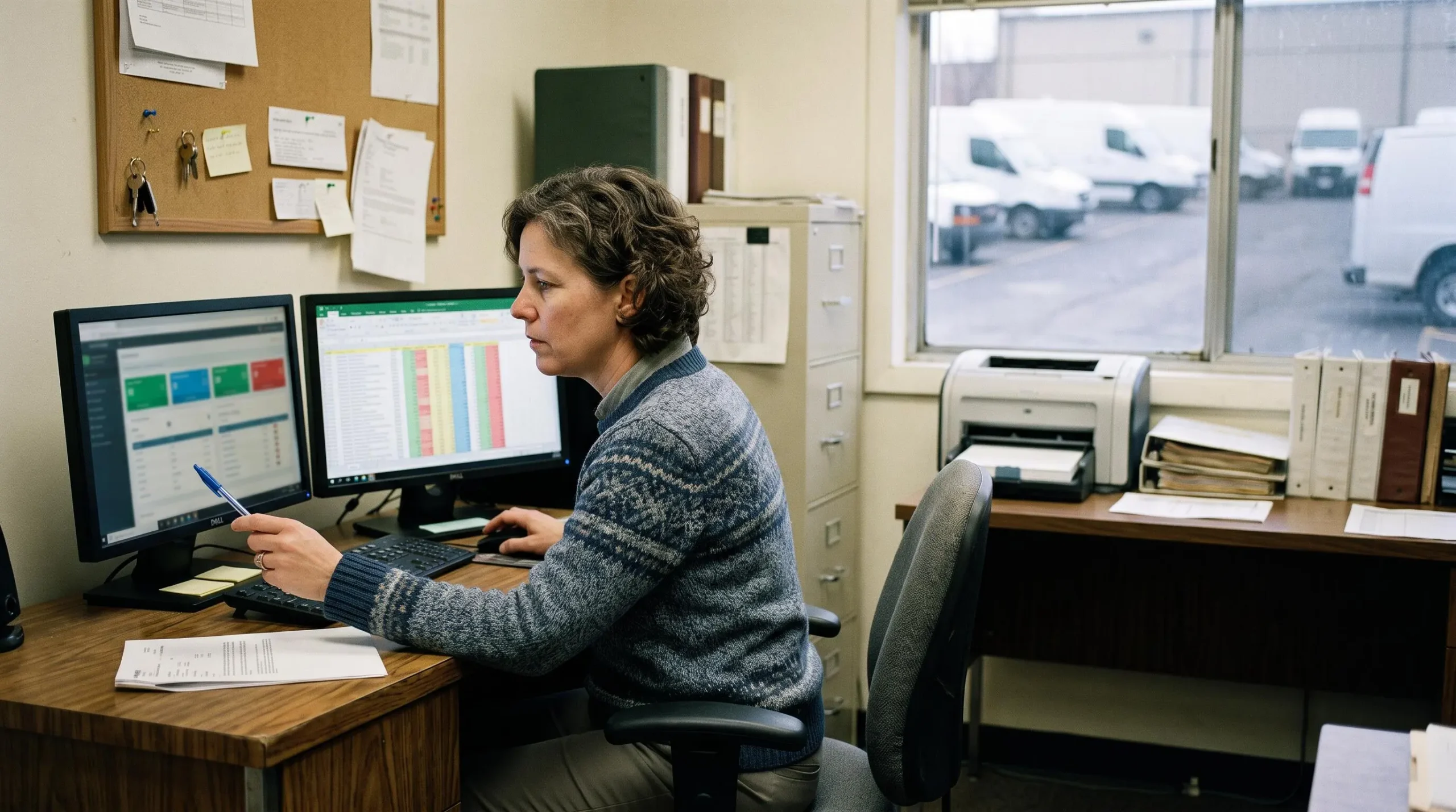 A fleet manager compares vehicle data on a dashboard interface and a spreadsheet on two office monitors.